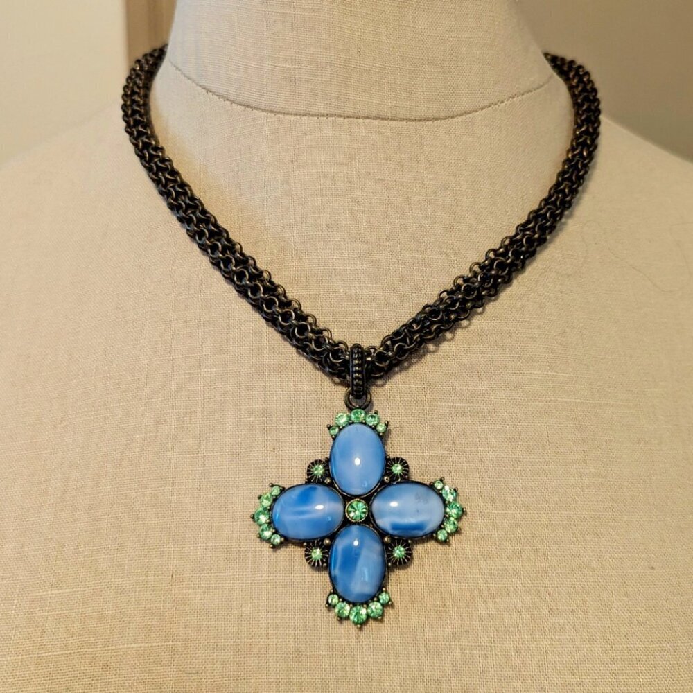 1928 Necklace Blue Moonstone Topaz Rhinestone Chunky Chain Aged Brass Boho Retro